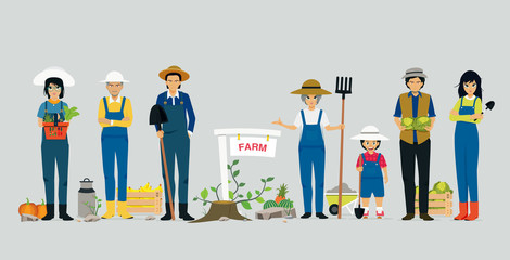 Farmers holding agricultural tools have a gray background.