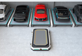 After parking red car at parking space. Automated Guided Vehicle (AGV) leaving the parking space to picking next car. Concept for automatic car parking system. 3D rendering image.