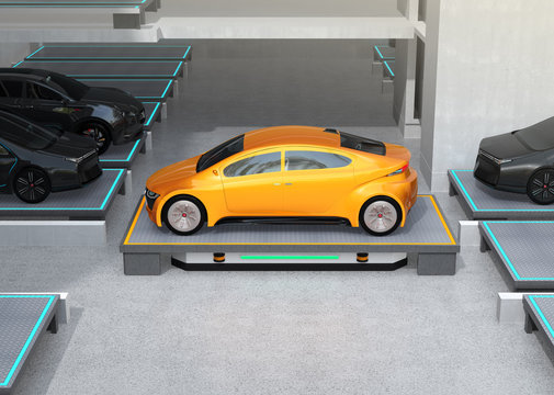 Side view of an automated guided vehicle (AGV) carrying a yellow car to parking space. Concept for automatic car parking system. 3D rendering image.