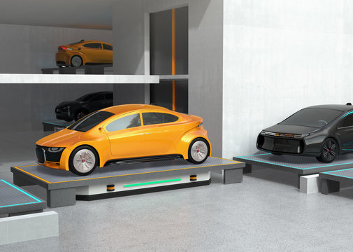 An automated guided vehicle (AGV) carrying a yellow car to parking space. Concept for automatic car parking system. 3D rendering image.