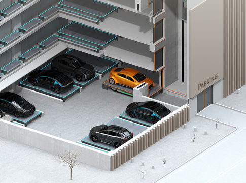Cutaway concept image for automatic car parking system by AGV (Automated  Guided Vehicle). 3D rendering image.