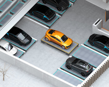 Automated Guided Vehicle (AGV) carrying yellow car to parking space. Concept for automatic car parking system. 3D rendering image.