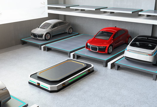 After Parking Red Car At Parking Space. Automated Guided Vehicle (AGV) Leaving The Parking Space To Picking Next Car. Concept For Automatic Car Parking System. 3D Rendering Image.