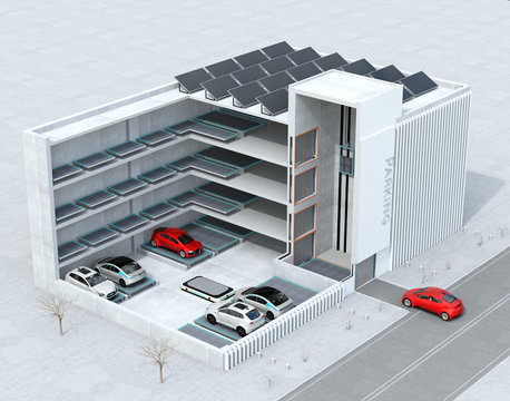 Cutaway concept image for automatic car parking system by AGV (Automated  Guided Vehicle). 3D rendering image.