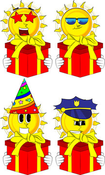 Cartoon sun holding big gift box. Collection with costume. Expressions vector set.