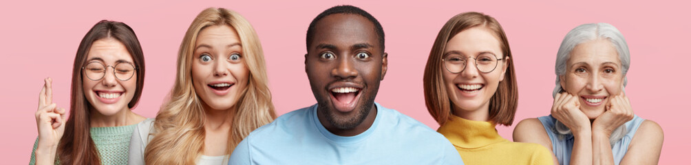 Five mixed race people express amazement and positive emotions. Black dark skinned male in centre...