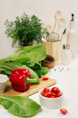 Healthy vegeterian ingredients for spring fresh green salad and kitchenware in white elegant kitchen interior. Spring vitamin dieting food.