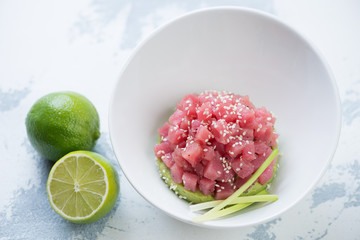 White plate with tuna tartare on guacamole bedding, white concrete background, studio shot