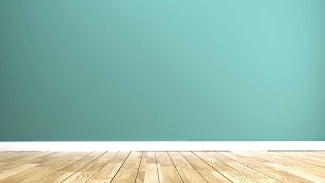 Green mint wall on wood floor interior. 3D rendering