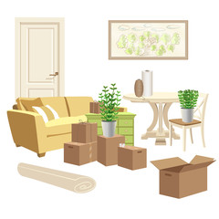 House moving set: furniture and home goods, cardboard boxes, packing matters. Vector illustration isolated on white background