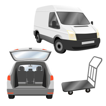 Transportation or delivery set: commercial utility vehicle, estate car with opened trunk, luggage cart. Vector illustration.