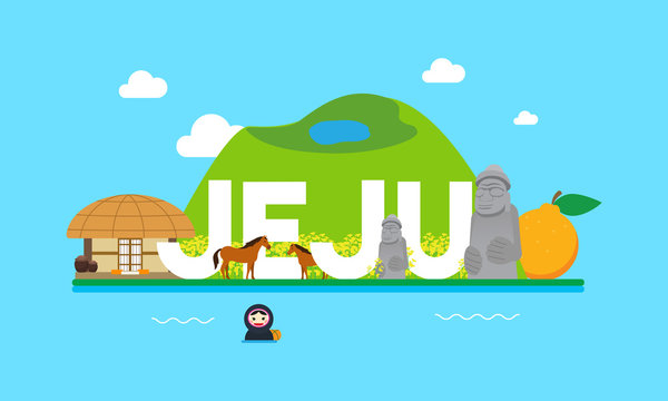 Jeju Travel Banner Vector Illustration. Attractions In Flat Design On Blue Background.