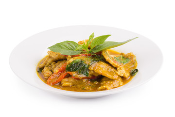 Fried pork with Chilli Curry, Thai spicy Food isolated on white background