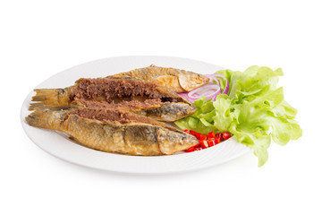 Deep-fried Sea Bass in Fish Sauce isolated on white background