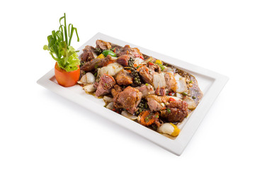 Stir Fried Pork with Black Pepper isolated on white background