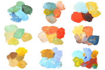 Set of colorful brushstroke stains isolated on white background. Hand painted gouache brushstroke painting.