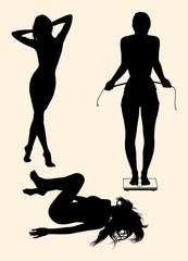 Fototapeta na wymiar Slim girl stands on scale silhouette. Good use for symbol, logo, web icon, mascot, sign, or any design you want.