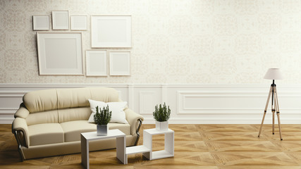 modern living room interior with sofa lamp and green plants on white wall background. 3d rendering.