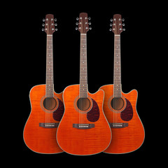 Fototapeta na wymiar Musical instrument - Three orange Flame maple cutaway acoustic guitar. Isolated