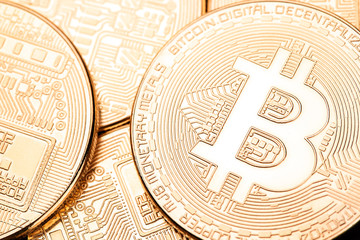 Bitcoins and Virtual money. Golden Bitcoins. Concept worldwide cryptocurrency