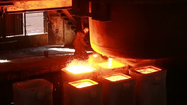 molten steel casting and rolled steel production at metallurgical works