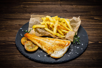 Fish dish - fried fish fillet french fries 