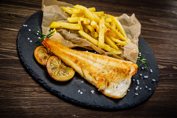 Fish dish - fried fish fillet french fries 