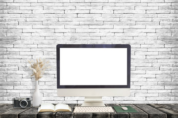 Fototapeta premium Mock up : Stylish workspace with desktop computer, camera and books at home or studio