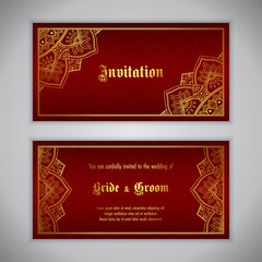 Luxury wedding invitation with golden ornament. Vector illustration