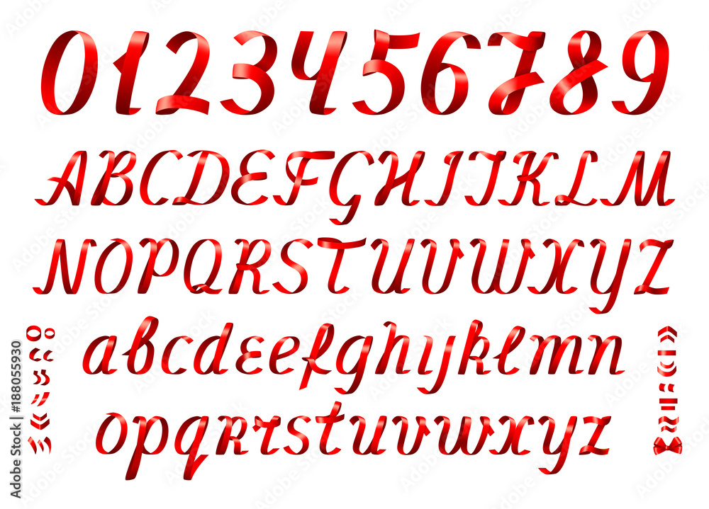 Fototapete red ribbon alphabet letters and numbers on white background.set of uppercase and lowercase letters, 
