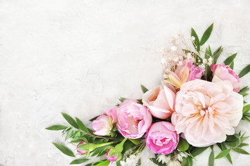 Summer blossoming delicate roses on blooming flowers festive background, pastel and soft bouquet floral card