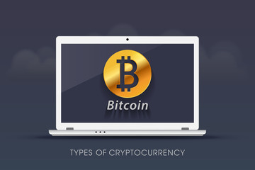 Types of cryptocurrency - the bitcoin on a notebook based on a cloud design