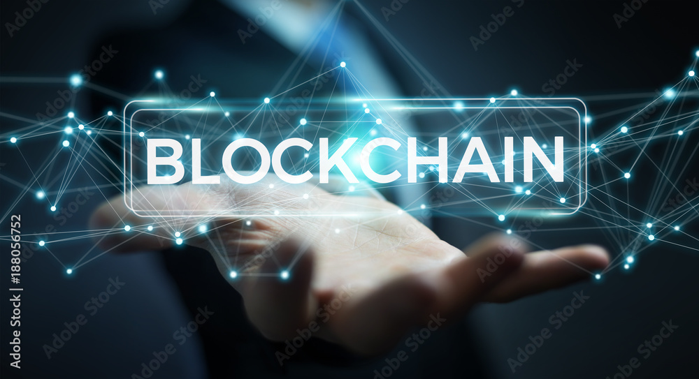 Poster Businessman using blockchain cryptocurrency interface 3D rendering