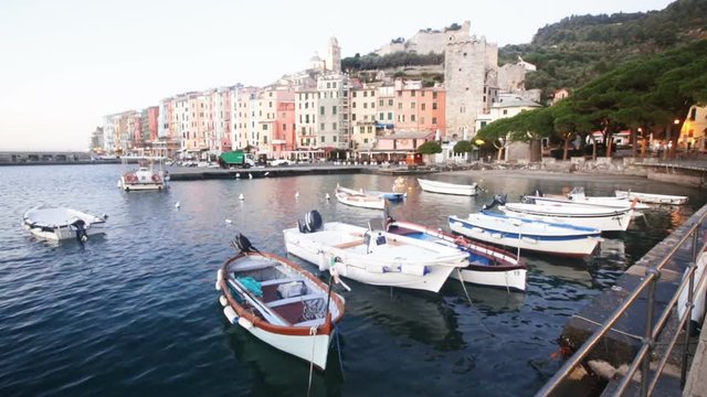 PORTOVENERE, ITALY - DECEMBER 5, 2017: View of Portovenere small colorful town with Doria Castle on Ligurian coast of Italy