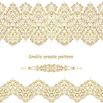 Seamless ethnic patterns for border. Repeated oriental motif for fabric or paper design. Gold pattern on a white background. Ornate vignette for Your design cards, invitations.