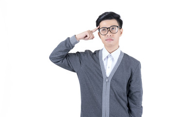 Young Asian man in white shirt and grey jacket thinking isolated on white background
