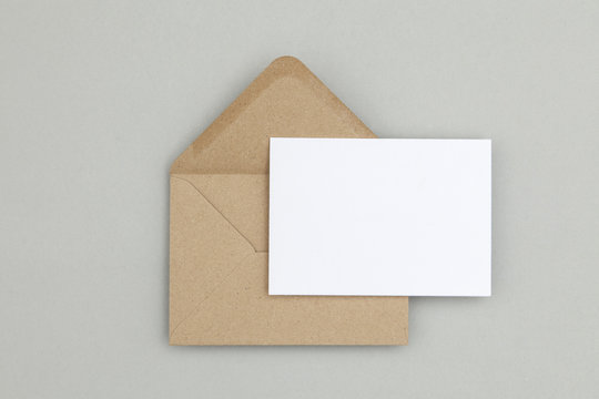 Blank White Card With Kraft Brown Paper Envelope Template Mock Up