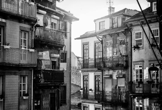 Beautiful cityscape. Street in the center of old Porto, Portugal. Black and white image