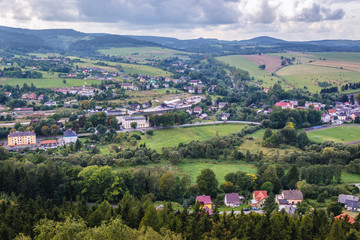 Fototapeta premium Aerial view of Szczytna town in Klodzko County, located in Central Sudetes Mountains, Poland