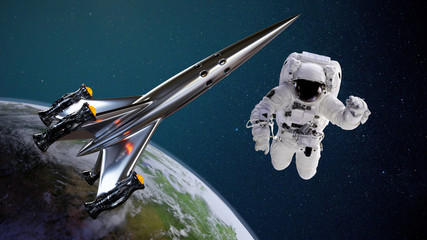 spaceship and astronaut in orbit of planet Earth