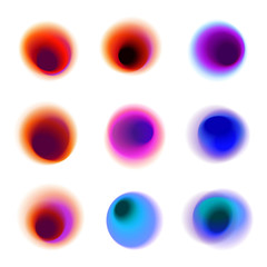 Set of gradient circles of vibrant colors. Rainbow colored collection of blurred holes on white background. Red, pink, purple, blue transparent spots and dots. - 188060538