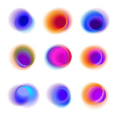 Set of gradient circles of vibrant colors. Rainbow colored collection of blurred round spots on white background. Red, pink, purple, blue transparent dots. - 188060553