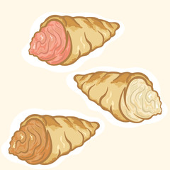Colorful cake dessert vector image isolated on white. Dessert symbol, emblem for cafe, confectionery. Cake with cream stuffing. Cream roll pastry. Flaky pastry. Pastry tube filled with cream.