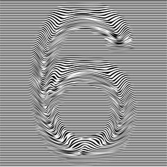 Striped typeface with geometrical pattern character 6 of a numbers font. Vector lettering with glitch effect, black horizontal distorted digital stripes on transparent background.