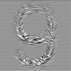 Striped typeface with geometrical pattern character 9 of a numbers font. Vector lettering with glitch effect, black horizontal distorted digital stripes on transparent background.