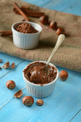 hazelnut chocolate cream in the white bowl