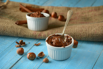 hazelnut chocolate cream in the white bowl