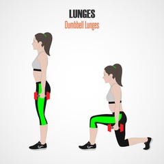 Sport exercises. Exercises with free weight. Classic dumbbell Lunges. Illustration of an active lifestyle. Exercise for beautiful thighs and buttocks. Vector.