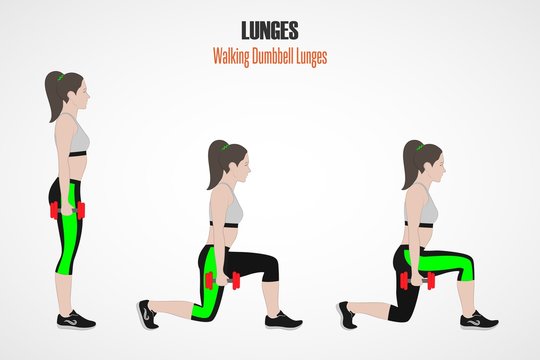 Sport exercises. Exercises with free weight. Walking dumbbell Lunges. Illustration of an active lifestyle. Exercise for beautiful thighs and buttocks. Vector.