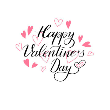 Happy valentine day lettering with hearts, handwritten decorative vector text, Calligraphic love lettering